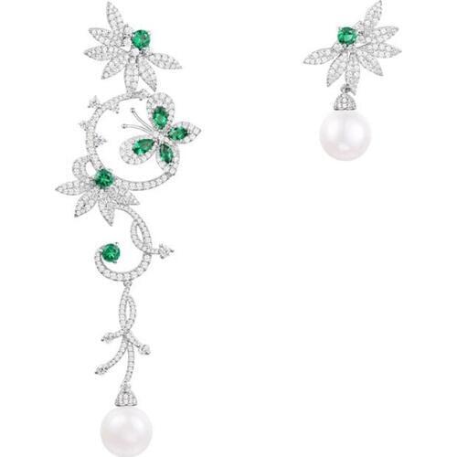 Brand Asymmetric Mentha Mint Green Butterfly Floral Earrings with Pearl Women 925 Sterling Silver Cubic Zirconia Luxury Jewelry