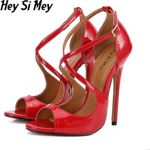Heysimey Women Shoes Sandals 2021 Summer New Patent Leather Cross Straps Thin Heels High Heels 14.5cm Female Model Catwalk Shoes