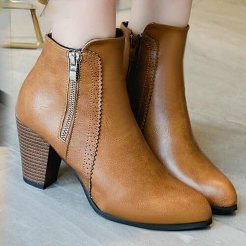 Women Ankle Boots Fashion PU Leather Boots High Heel 8cm Ladies Shoes Side Zipper Short Boots for Women Shoes Drop Ship 43