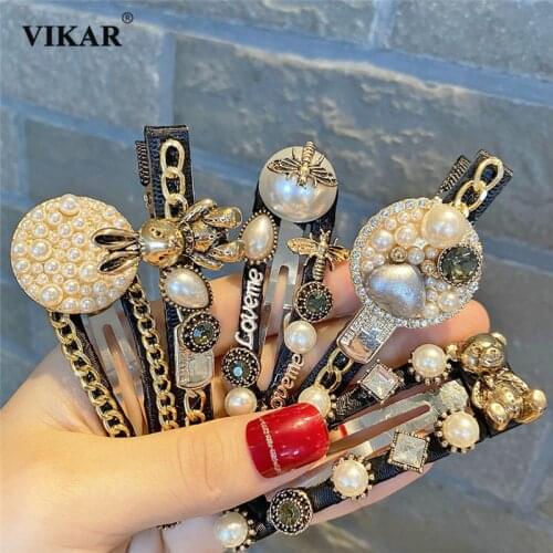 Women Vintage Bear Rabbit Hairpins Gilrs Elegant Metal Chains Pearls Hair Clip Barrettes Hair Ornament Fashion Hair Accessories
