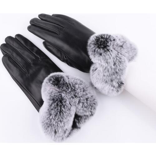 Thick Warm Womens Sheepskin Gloves Natural Real Rex Rabbit Fur Genuine Leather Winter fashion Gloves Mitten