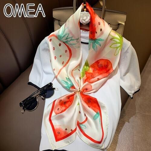 OMEA Strawberry Women Scarf Satin Artificial Silk Headwrap Handkerchief Female Fashion Large Square Scarf Neckerchief Shawl