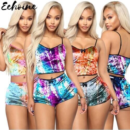 Echoine Women Velvet Spaghetti Straps Tie Dye Sexy Two Piece Set Fashion V Neck Sleepwear Shorts Night Club Suits Outfits
