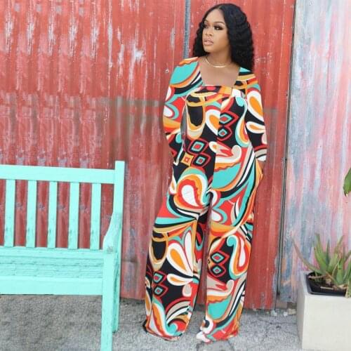 Women Romper Fashion Casual Printed Pocket Invisible Zipper Autumn Loose Long Sleeve Jumpsuit Wide-leg Pants Lady Long Trousers