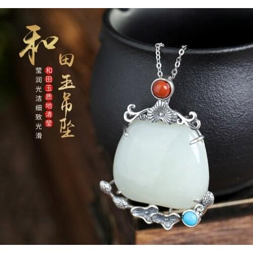 S925 sterling silver pendant inlaid with Hetian peony flower ladies high-grade sweater chain pendant
