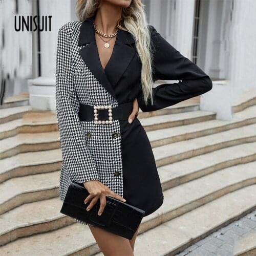 2021 Casual Spring Autumn Women Black White Plaid Spliced Dress Long Sleeve Double Breasted Notched Office Lady Suit Dress
