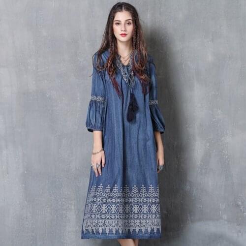 Johnature 2021 Autumn New Retro Fashion V-neck Embroidery Women Denim Dress Leisure Comfortable Lantern Sleeve Dresses