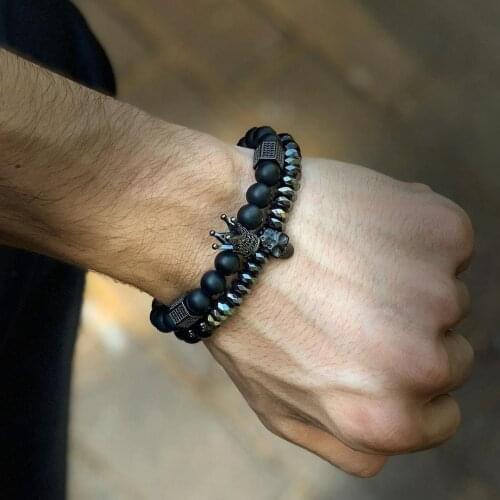 2pcs/set 8mm Black Bead Stone Bracelets for Men&Women Micro Pave CZ Circle Bracelet Jewelry