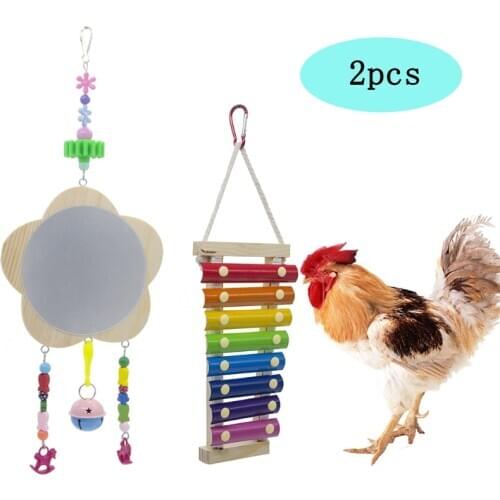 2Pcs Parrot Educational Xylophone Toys with 8 Metal Keys for Hens Chicken Mirror Suspensible Wooden Coop Chew Pecking Toy