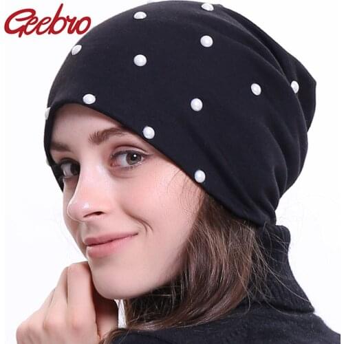 Geebro New Womens Beanie Hat 2020 Autumn White Pearl Slouchy Skullies Beanies for Female Womens Plain Balaclava Bonnet DQ846