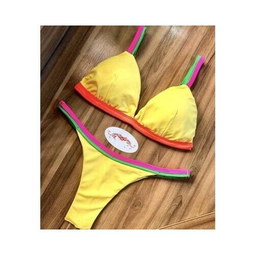 Summer new bikini womens solid color splicing sexy swimsuit with bra