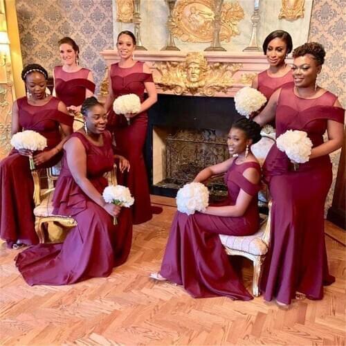 Hot Selling African Burgundy Mermaid Bridesmaid Dresses Floor Length Sleeveless High Quality Elastic Long Maid Of Honor Dress