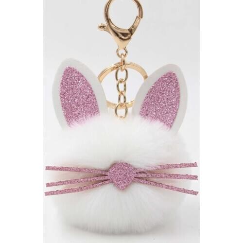 TEH Fashion Lovely rabbit Sequin Ear Keychains Fluffy Fake Animal Fur Ball Key Chain Charm Women Bag KeyRings Accessory Gifts