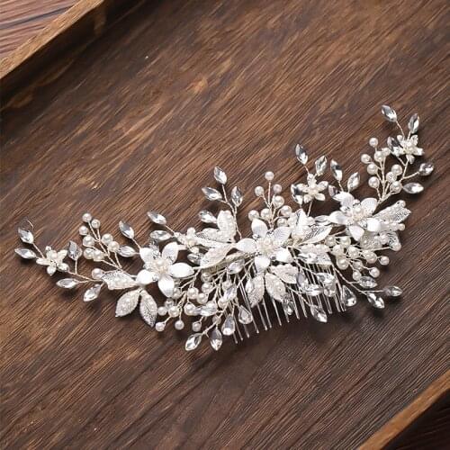 Silver Color Flower Pearl Rhinestone Hair Comb Headband Wedding Hair Accessories For Women Bride Tiara Headband Hair Jewelry