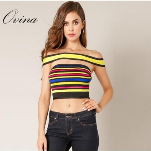 High Quality Womens Top Slash Neck Off The Shoulder Short Colorful Striped Bodycon Bandage Top