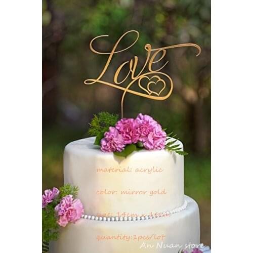 Mirror Gold Acrylic love Wedding Cake Topper for Wedding Decoration Engagement Anniversary Party Supplies Cake Decorating