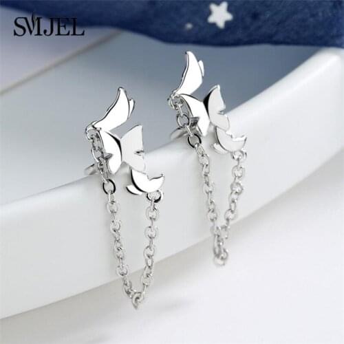 SMJEL Silver Color Small Stud Earrings Piercing Fashion Korean Link Chain Butterfly Earring for Women Studs Cartilage Earings