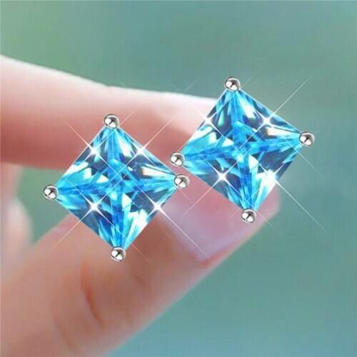 Female Luxury Natural Aquamarine Earrings 925 Sterling Silver Blue Stone Stud Earrings For Women Wedding Small Earring 4/5/6/7mm