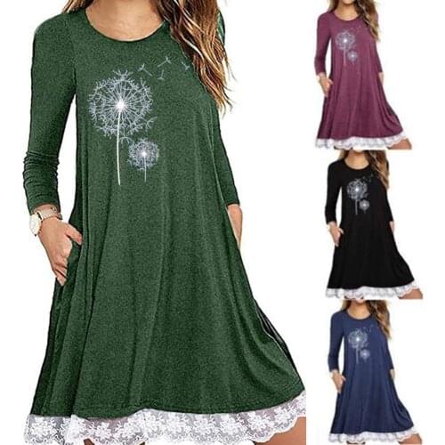 Woman dress Autumn Long Sleeve Lace Patchwork Dandelion Print Loose Large Hem Dress woman dress vestido de mujer платье женское