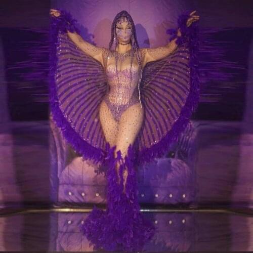 Women Birthday Celebrate Prom Party Dress Purple Rhinestone Feather Transparent Long Dresses Sexy Show Performance Wing Outfit