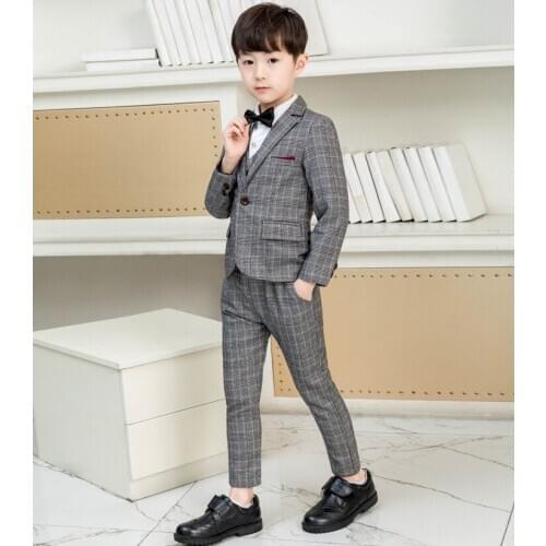 2020 Classic Grey Plaid Boy Suit 3 Pieces Slim Fit Children Prom Wedding Suits Blazer Kid Tuxedo for Wedding (Jacket+Pants+Vest)