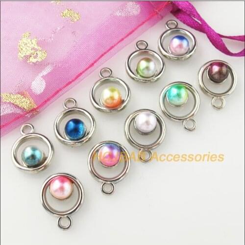 30 New Round Charms Colored Acrylic Dull Silver Plated Pendants 12x15mm
