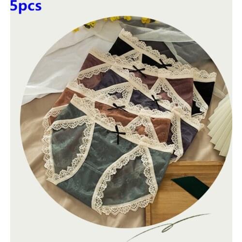 5pcs New Sexy lace underwear ladies pure cotton crotch mid-waist breathable French transparent Lace Mesh ladies briefs