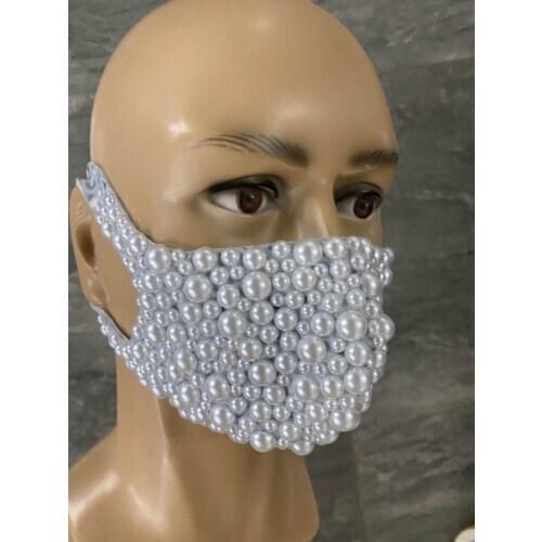 White Pearls Rhinestones Mask Costume Masked Male Female Singer Dancer Stage Accessories Nightclub Crystal Stones Masks Ornament