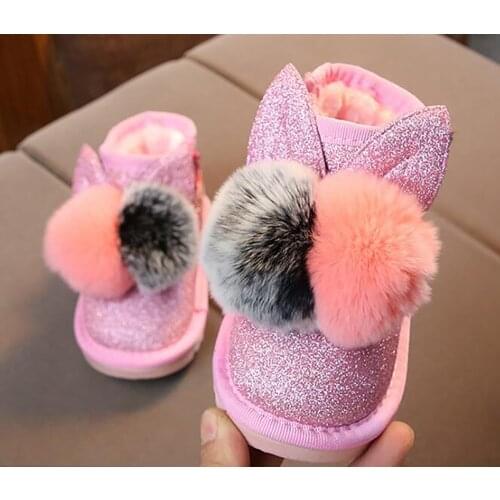 Little Girls Boots Bunny Pom Poms Glitter Ankle Boot Faux Fur Pink Red Black Animal Boots 2019 New Warm Snow Boots SandQ Baby