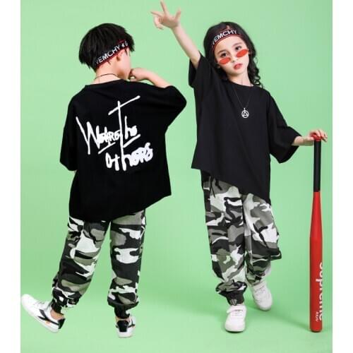 Black Girls Boys Hip Hop Dancing Costumes for Kids Short T Shirt Tops Camouflage Jogger Pants Jazz Ballroom Dance Clothes Wear