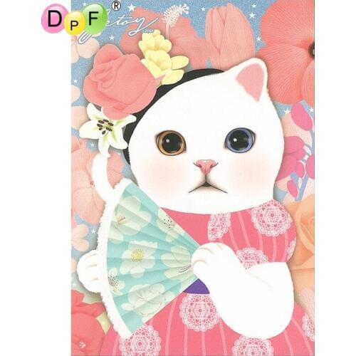 DPF DIY Gift 5D full Round Diamond Painting Fan White Cat Diamond Embroidery Magic Cube Cross Stitch crafts Mosaic Art Decor