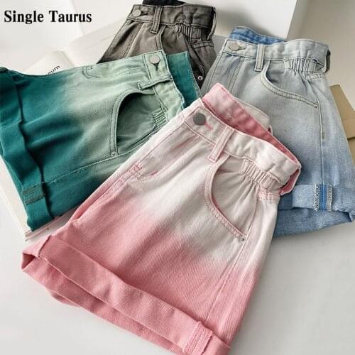 Gradient Color Jeans Shorts 2021 Summer High Waist A Line Casual Streetwear Spandex Cuffs Denim Pants