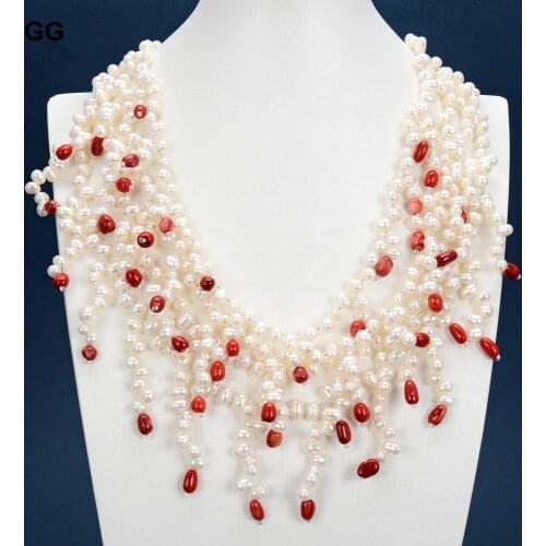 GuaiGuai Jewelry 19" 4 Strands Natural White Rice Pearl Red Coral Freedom Nugget Necklace For Women