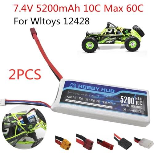 2PCS Hobby Hub 2s 7.4V 5200mAh 10C Max 60C RC Lipo Battery For Wltoys 12428 12423 upgrade Battery parts For RC Car Lipo