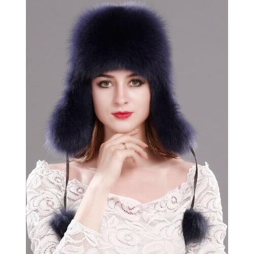 Hot Sale Winter WomenS Fox Fur Hat Bomber Hats Cap Snow Cap Fur Millinery Russian Genuine Leather Ear Protector Cap Warm Beanie