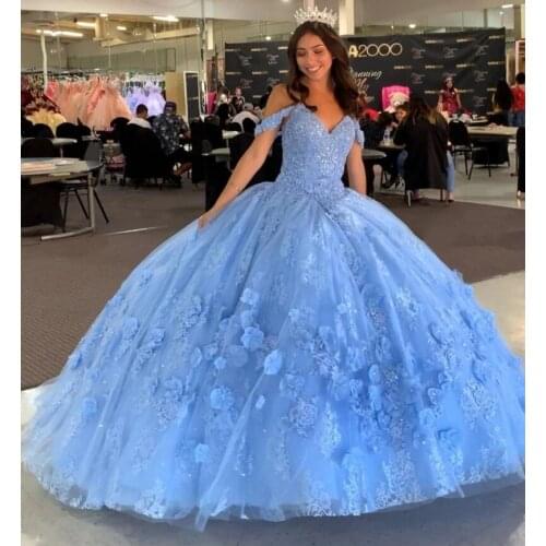 Sky Blue Cheap Quinceanera Dresses Ball Gown Off The Shoulder Tulle Appliques Beaded Puffy Sweet 16 Dresses