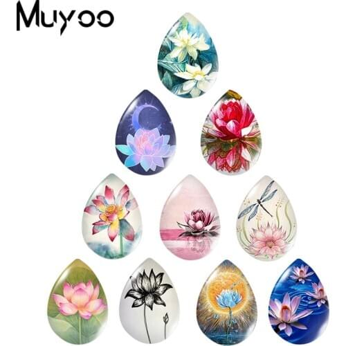 2020 New Lotus Flower Tear Drop Glass Cabochon Flowers Handmade Printed Photo Jewelry DIY Accessories