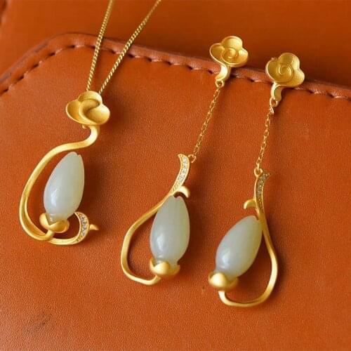 Original New silver inlaid natural Hetian Magnolia Pendant Necklace Chinese style ancient palace charm womens jewelry