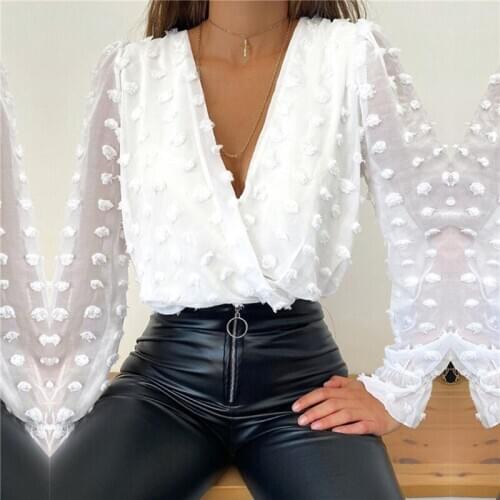 Sexy Deep V Neck Women Shirts Jacquard Fashion Female Long Sleeve Chic Shirt Dot Solid Color Female Elegant Blouses