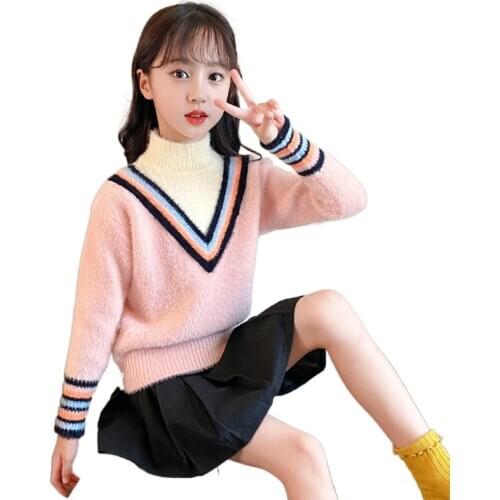 Kids Knitted Sweaters 2021 Spring Girls Clothes Girl Winter Turtleneck Thicken Warm Sweater 6 8 10 12 14 16 Years Children
