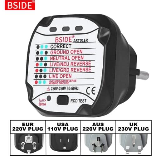 BSIDE AST01 Electric Socket Tester EU US UK AU Plug RCD GFCI Test Outlet Ground Zero Line Plug Polarity Phase Wall Check