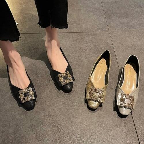 Women Flats 2021 Autumn Summer Crystal Boat Shoes Shallow Metal Slip on Flat Shoes Female Loafers Comfort Zapatos Mujer 9330L