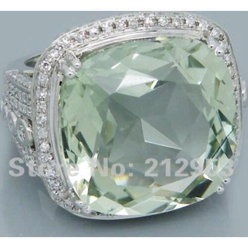 Vintage Cushion 18mm Solid 14Kt White Gold 25.42Ct Engagement Green Amethyst Wedding Ring