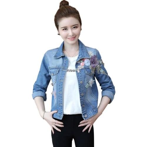 Women Denim Jacket Spring Autumn Plus Size 3XL Loose embroidered Long-sleeved Tops Female Casual Girls Cowboy Outerwear1024