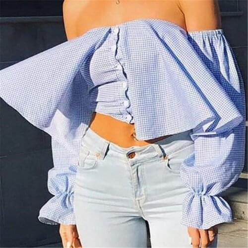 Women Trendy Tunic Spring Summer Ruffle Single Breasted Backless Lantern Sleeve Casual Tops Elastic Off Shoulder Blue Blouses