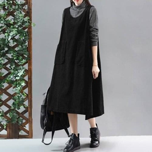 Women Autumn Vintage Corduroy Dress Casual Sleeveless Sundress 2021 ZANZEA Female O Neck Vestidos Oversized Overalls Dress
