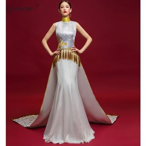 Fashion Show White Dresses Embroidery Long Cheongsam China Mermaid Slim Gown Qi Pao Women Chinese Evening Dress Qipao Orientale