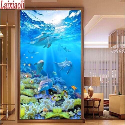 5D Diamond Painitng Cross Stitch,Dolphin Underwater World landscape Full Drill,Diy Diamond Embroidery,Mosaic large Wall Decor