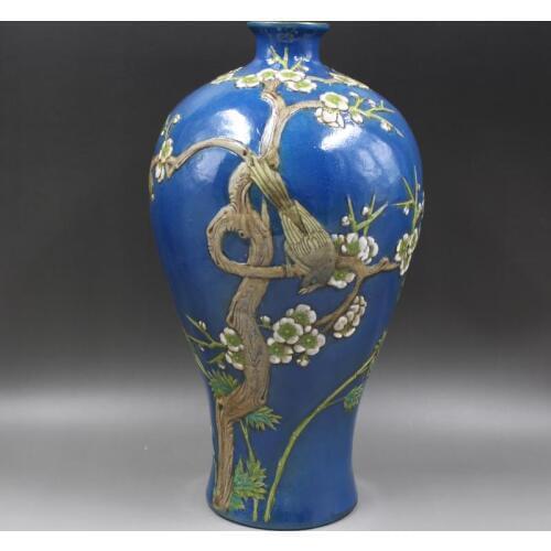 Antique QingDynasty porcelain vase,Blue float carving pastels bottle,Hand-painted crafts,Collection&Adornment,Free shipping