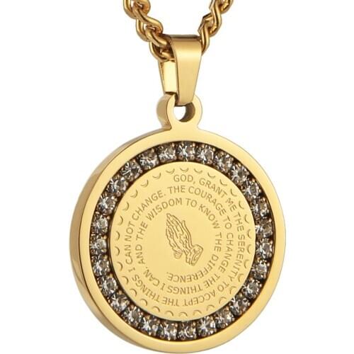 HZMAN Bible Verse Prayer Necklace Christian Jewelry Gold Stainless Steel Praying Hands Coin Medal Pendant